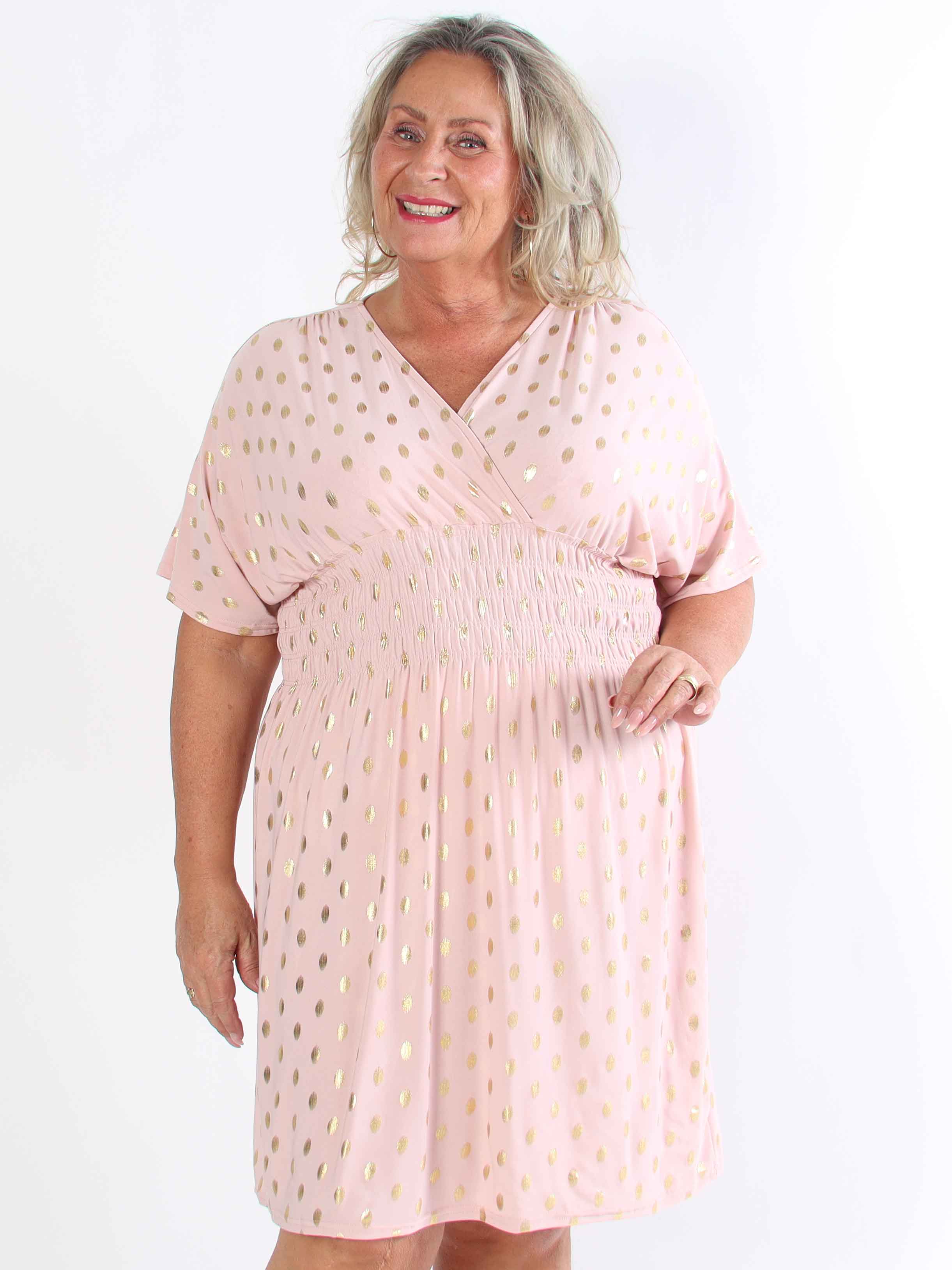 Pams Dot Short - Plus size elastisk kjole med guld prikker